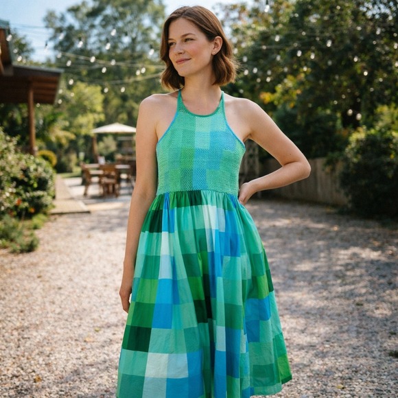 Plenty by Tracy Reese Dress Womens XS Midi Halter Smocked Check Plaid Preppy - Picture 2 of 13